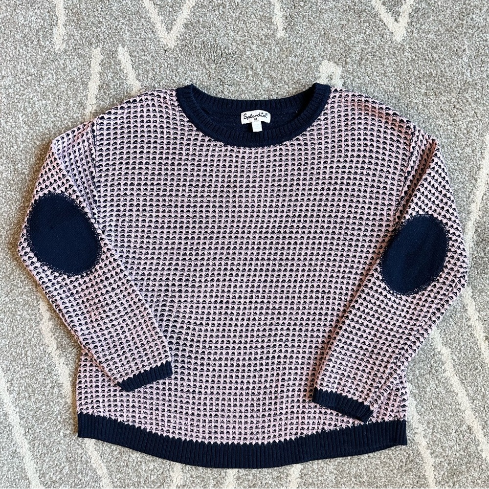 Splendid Pink and Navy Waffle Knit Sweater with Elbow Patches Girls Size 4